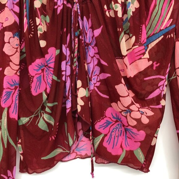 Free People Red Floral Piece Of Paradise Blouse Bell Sleeve Tie Front Crop Top S - Picture 7 of 16